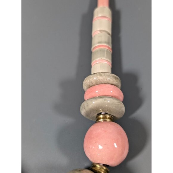 Pink Gray Ceramic Bead Statement Necklace Chunky Tribal Boho 17" - Picture 5 of 10